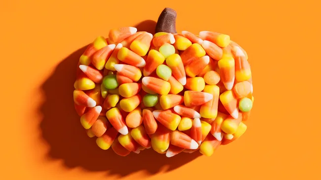 Bunte Halloween-Süßigkeiten-Anordnung auf orangefarbenem Hintergrund