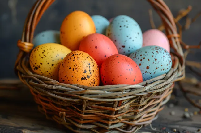 Bunte, handbemalte Ostereier im Korb
