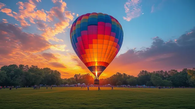 Bunte Heißluftballons bei farbenfrohem Sonnenuntergang