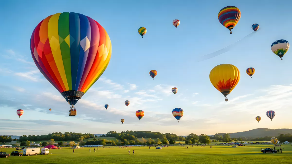 Bunte Heißluftballons beim Festival über grüner Wiese
