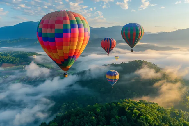 Bunte Heißluftballons über nebligem Bergrücken