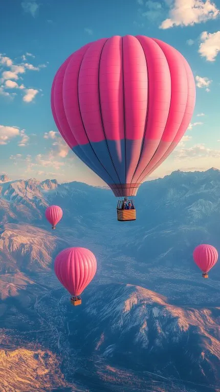 Bunte Heißluftballons über schneebedeckten Bergen