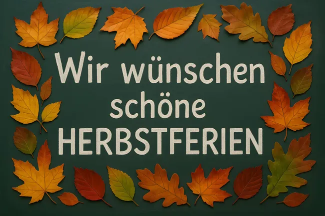 Bunte Herbstblätter und Grußbotschaft auf Tafel