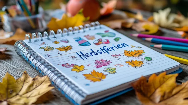 Bunte Herbstblätter und Schreibutensilien auf Holztisch