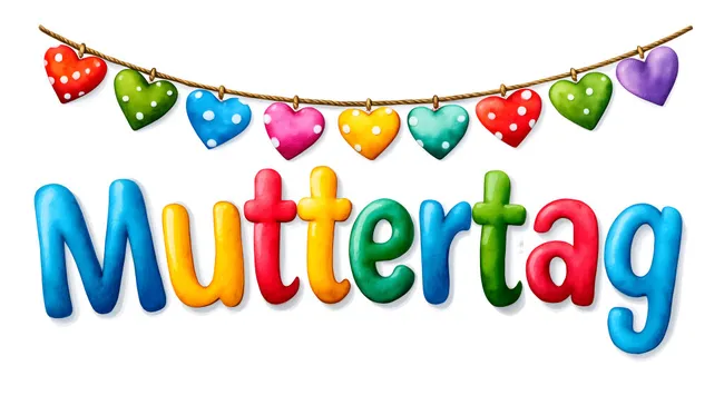 Bunte Herzanhänger und Muttertags-Schriftzug