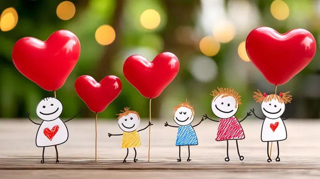 Bunte Herzen und Strichmännchen als fröhliches Muttertagsmotiv