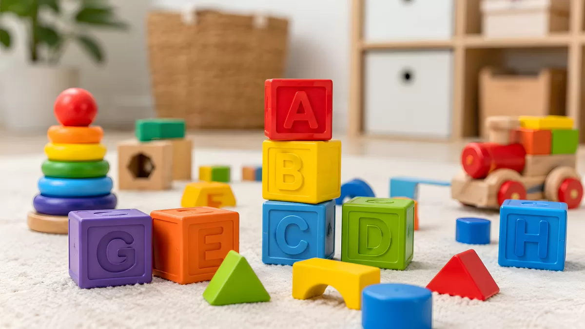 Bunte Holz- und Kunststoffbausteine mit Buchstaben auf Teppich