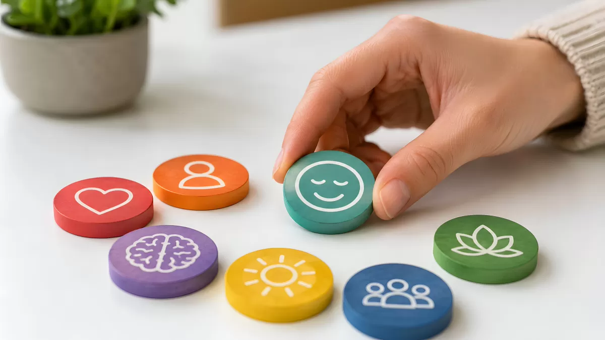 Bunte Holzchips mit Wellness-Symbolen auf weißem Tisch