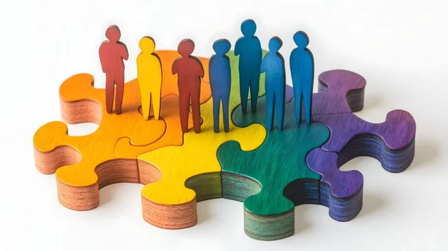 Bunte Holzfiguren für Teamwork und Integration