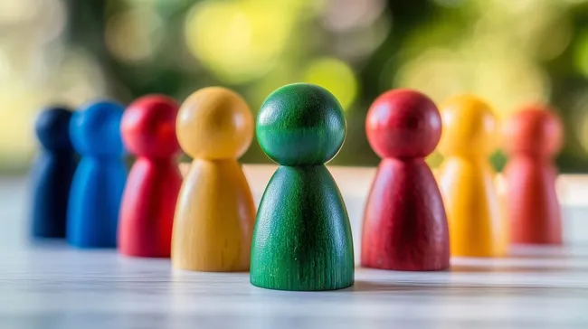 Bunte Holzfiguren in symmetrischer Anordnung