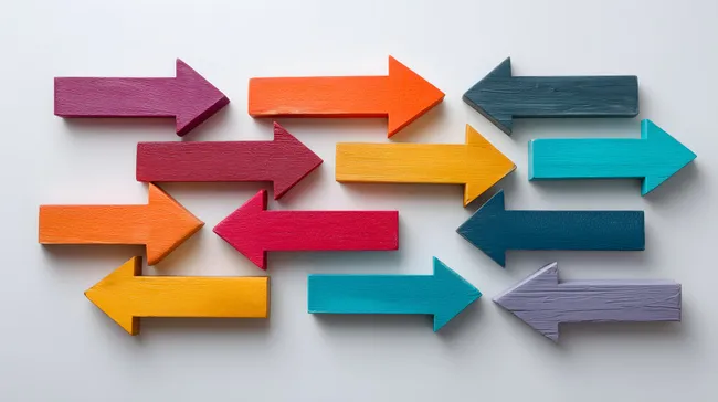 Bunte Holzpfeile zeigen verschiedene Richtungen an