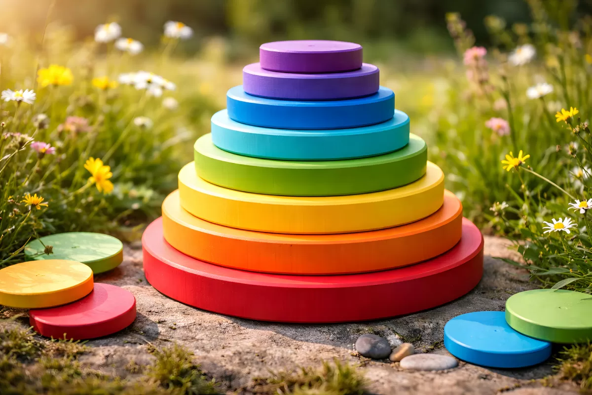 Bunte Holzpyramide in der Natur