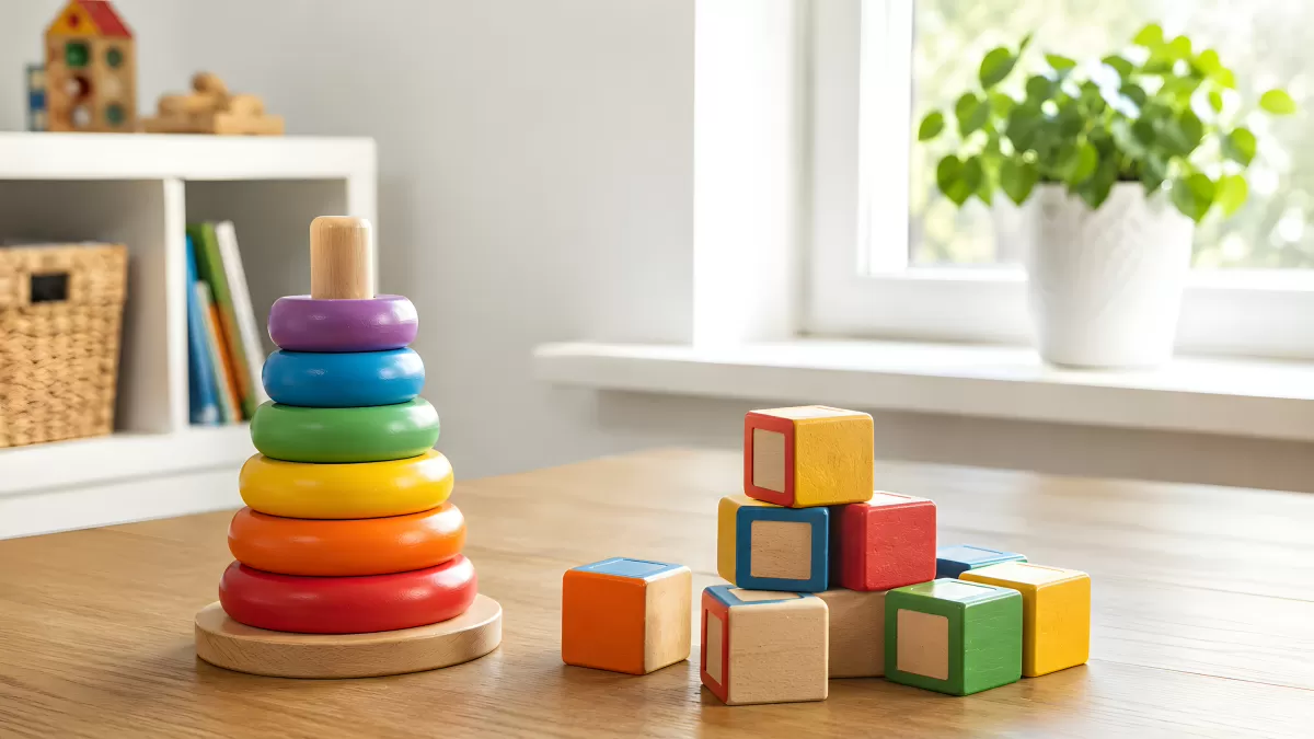Bunte Holzspielzeuge auf einem Kinderzimmertisch