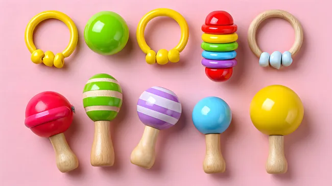 Bunte Holzspielzeuge auf rosa Hintergrund