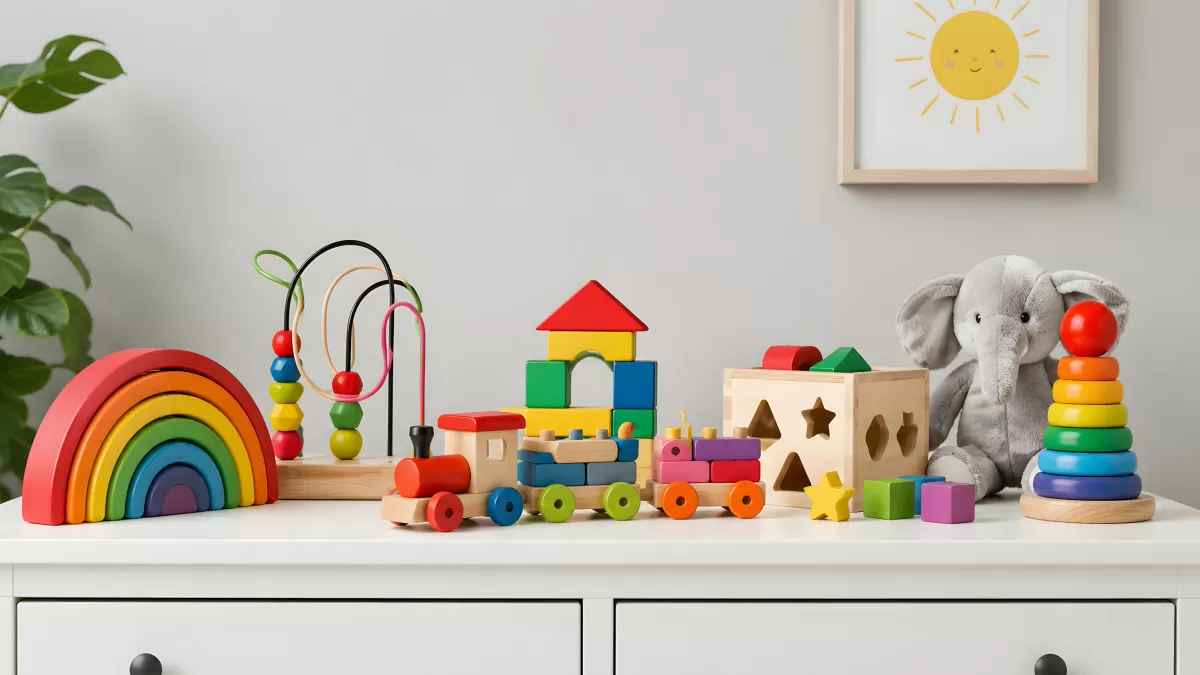 Bunte Holzspielzeuge auf weißer Kommode im Kinderzimmer