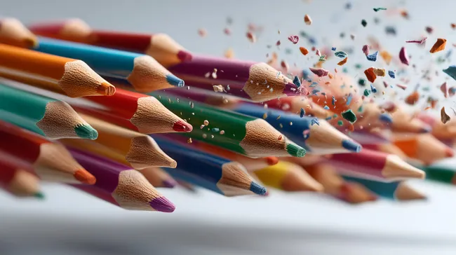 Bunte Holzstifte mit Splittern in der Luft