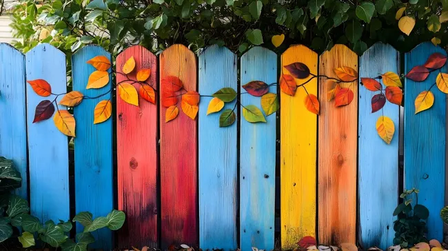 Bunte Holzzäune mit herbstlichen Blättern