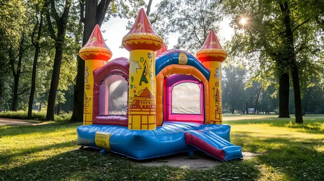 Bunte Hüpfburg in sommerlichem Waldpark