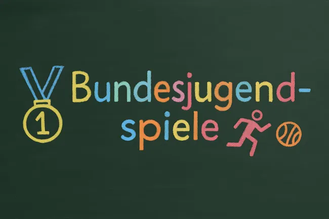 Bunte Illustration der Bundesjugendspiele mit Medaille und Sportpiktogrammen