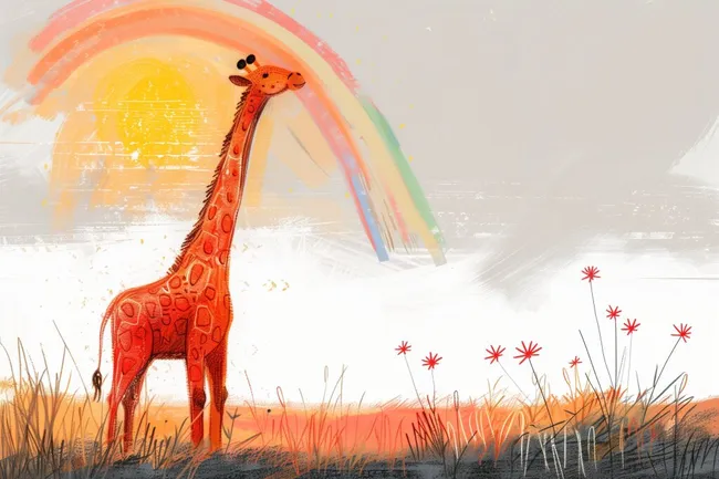 Bunte Illustration einer Giraffe unter Regenbogen