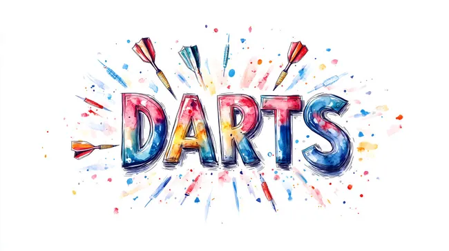 Bunte Illustration mit Dartpfeilen und Schriftzug