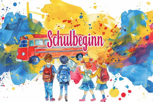 Bunte Illustration zum Schulbeginn mit Schulbus und Kindern