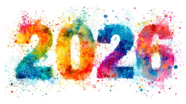 Bunte Jahreszahl 2026 mit Farbklecksen