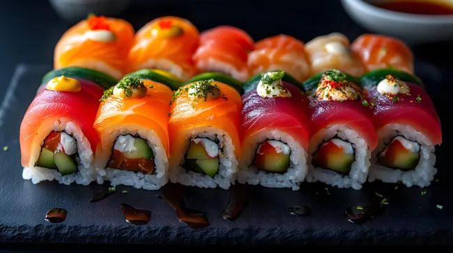 Bunte japanische Sushirollen auf schwarzem Stein