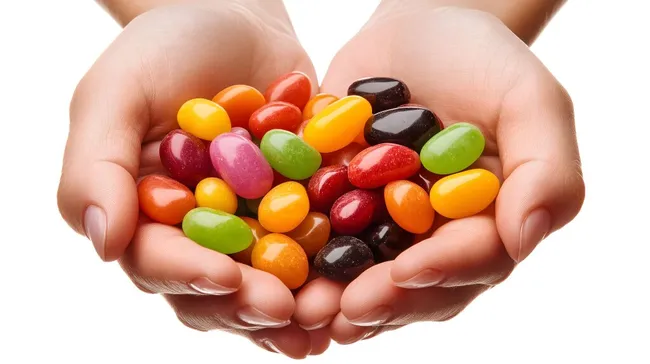 Bunte Jelly Beans in den Händen der Person