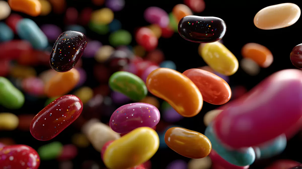 Bunte Jelly Beans in dynamischer Bewegung