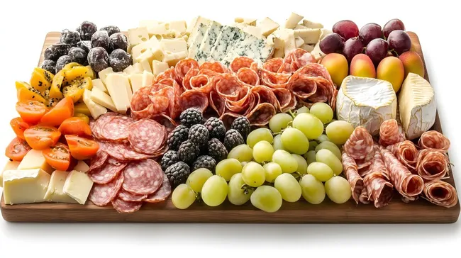 Bunte Käseplatte mit Obst und Wurst