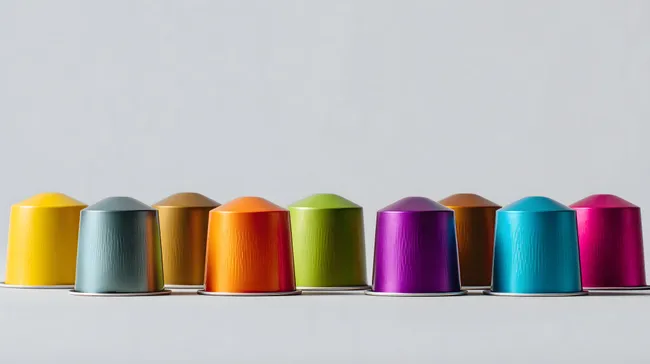 Bunte Kaffee-Kapseln in Reihe angeordnet