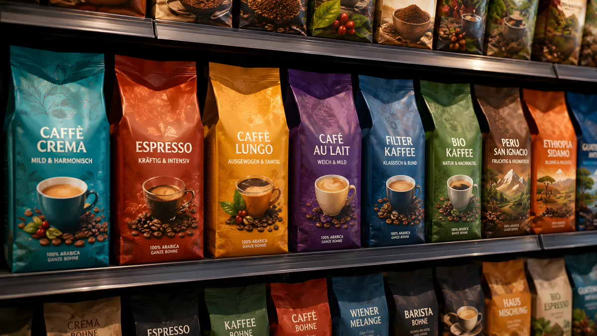 Preissendunk: Bunte Kaffeesorten in Verpackungen im Regalüberblick