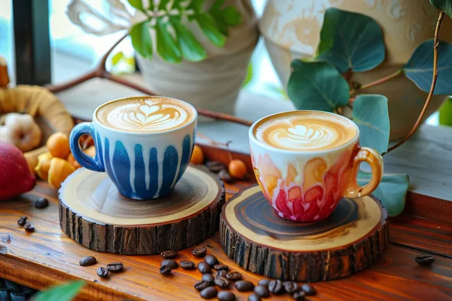 Bunte Kaffeetassen mit Latte-Art auf rustikalen Holztellern
