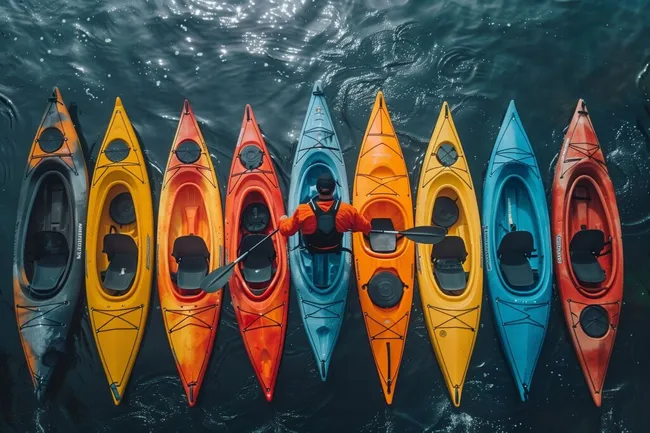 Bunte Kajakgruppe auf türkisfarbenem Wasser