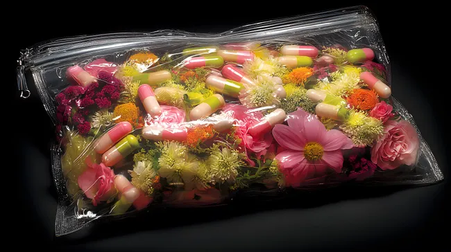 Bunte Kapseln und Blumen in Vakuumverpackung