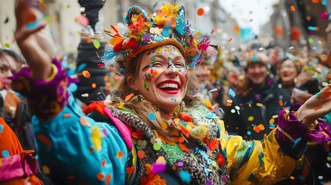 Bunte Karnevalskostümparade in Köln mit fliegendem Konfetti