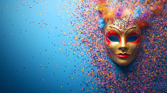 Bunte Karnevalsmaske mit Konfetti-Hintergrund