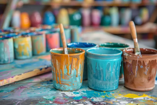 Bunte Keramikbecher voller Farbe und Kreativität