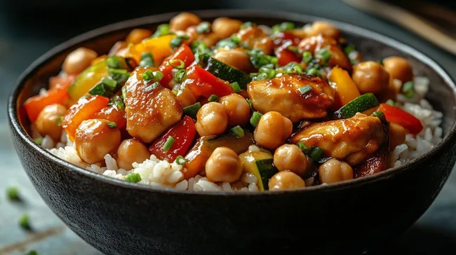 Bunte Kichererbsen-Schüssel mit frischem Gemüse und Reis