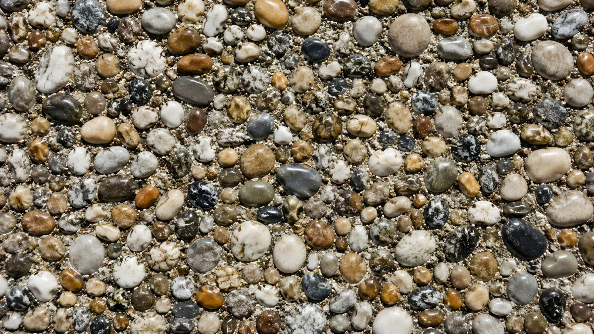 Bunte Kieselsteine in Sand – Nahaufnahme Natur