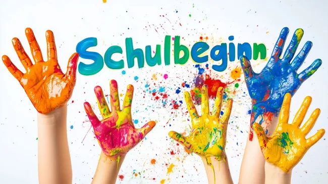 Bunte Kinderhandflächen mit 'Schulbeginn'-Schriftzug