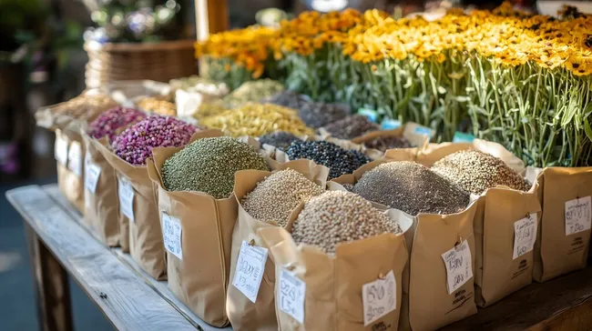 Bunte Körner und Samen auf dem Marktstand