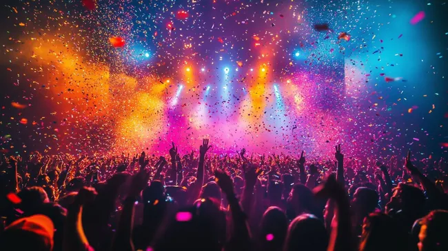 Bunte Konfetti-Explosion auf Konzertbühne mit Scheinwerferlicht
