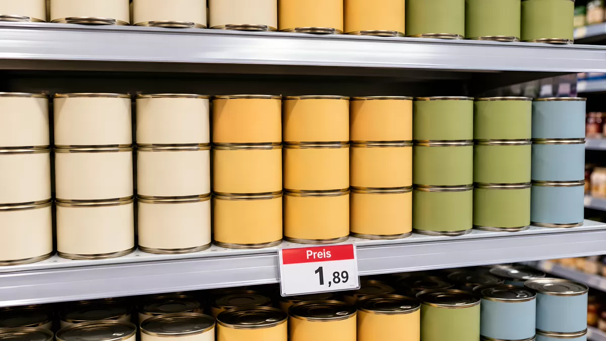 Bunte Konservendosen im Supermarktregal mit Preisschild