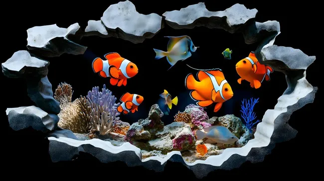 Bunte Korallen und Clownfische in Unterwasserhöhle