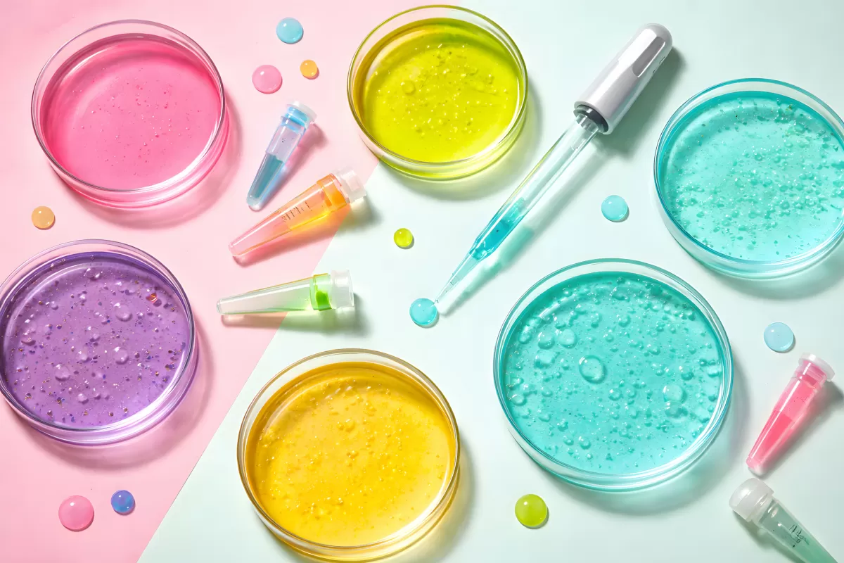 Bunte Kosmetik-Zutaten in glasklaren Behältern