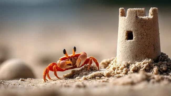 Bunte Krabbe und Sandburg am Strand