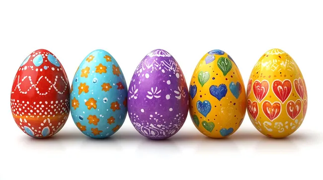 Bunte, kreativ bemalte Ostereier in verschiedenen Mustern