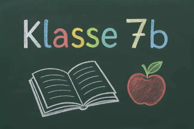 Bunte Kreide-Tafel mit Buch und Apfel-Symbol